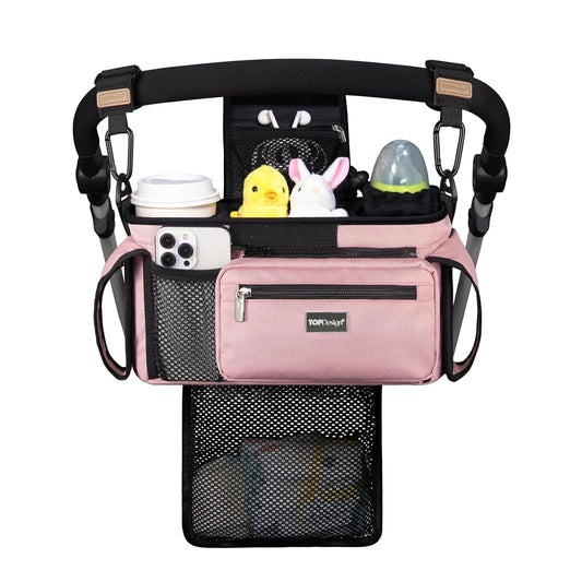 TOPDesign Universal Baby Stroller Organizer, Stroller Caddy with Detachable Mesh Bag & Heightened Insulated Cup Holders & Non-Slip Secure Hooks Accessories, Fits Most Strollers (Pink)