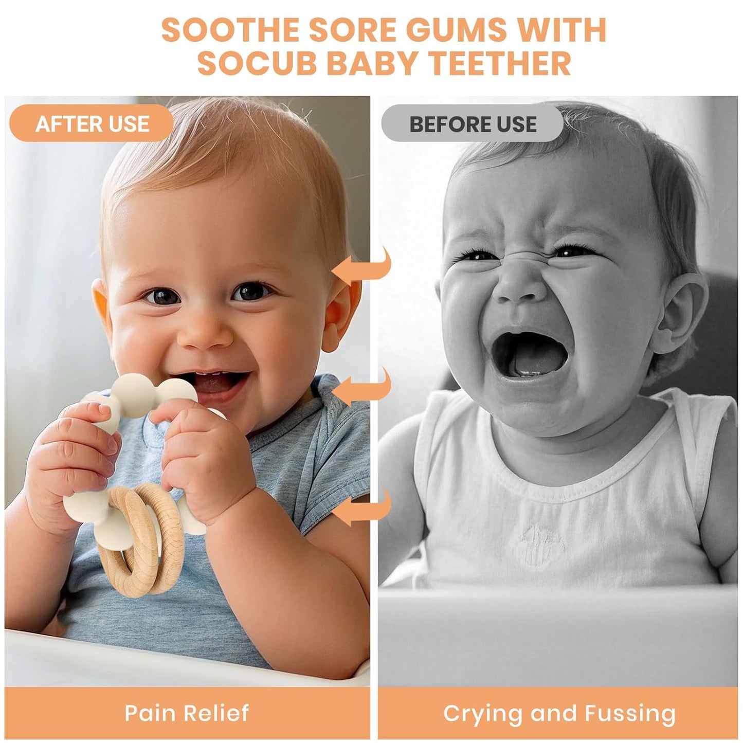 Socub Baby Teething Toys for 0-6 6-12 Months- BPA-Free Food-Grade Silicone & Natural Beech Wood Teether Ring for Newborn Infants Teething Relief- Easy-Grip Sensory Rattle Toys(Shifting Sand)