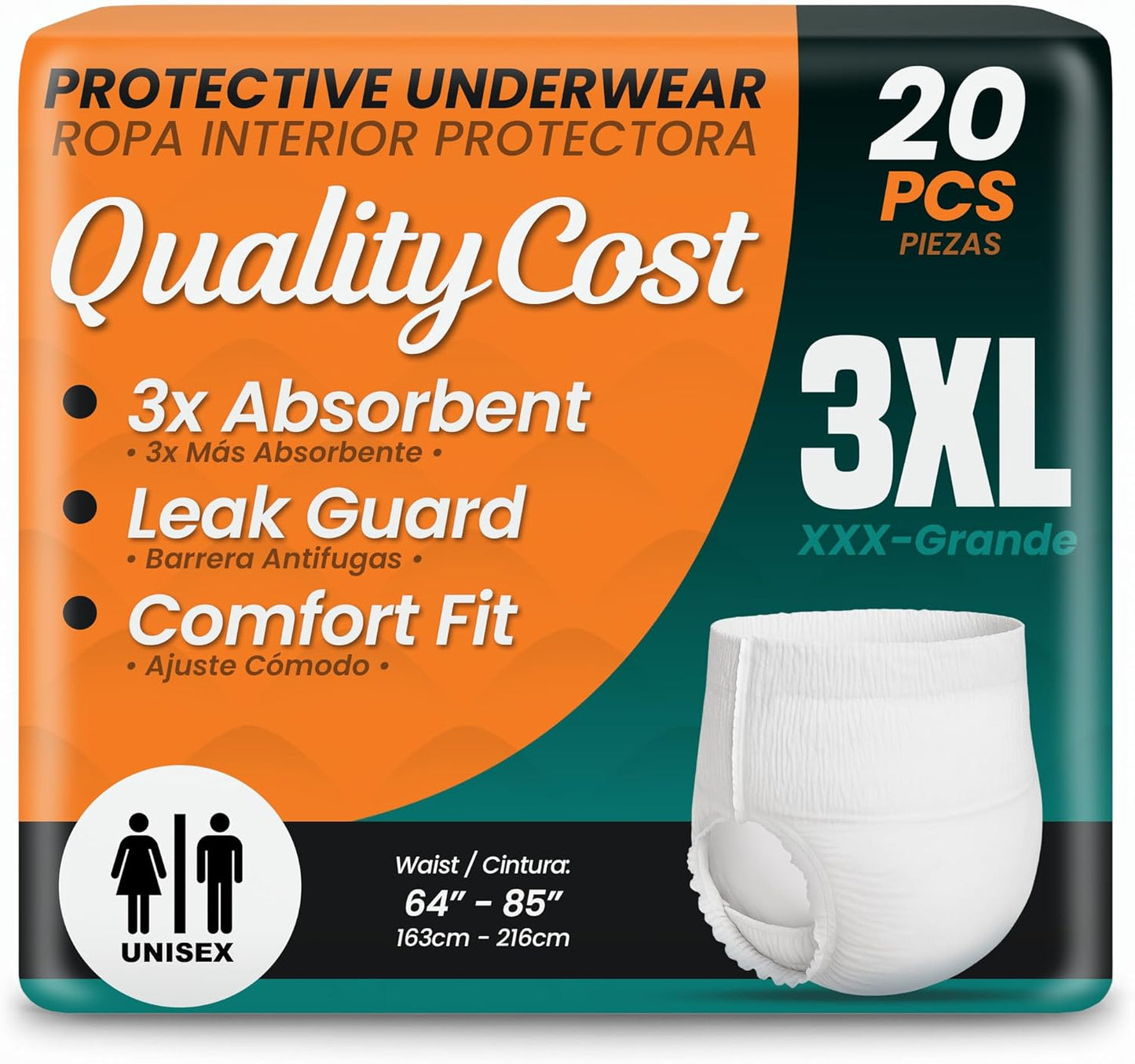 QualityCost Adult Incontinence Underwear Pull-Up, 20Pack, Heavy Duty Briefs for Men and Women, Maximum Absorbency, Leak Proof, Disposable Pull-Ups for Overnight Protection, Size 3XL (64-85 inch Waist)