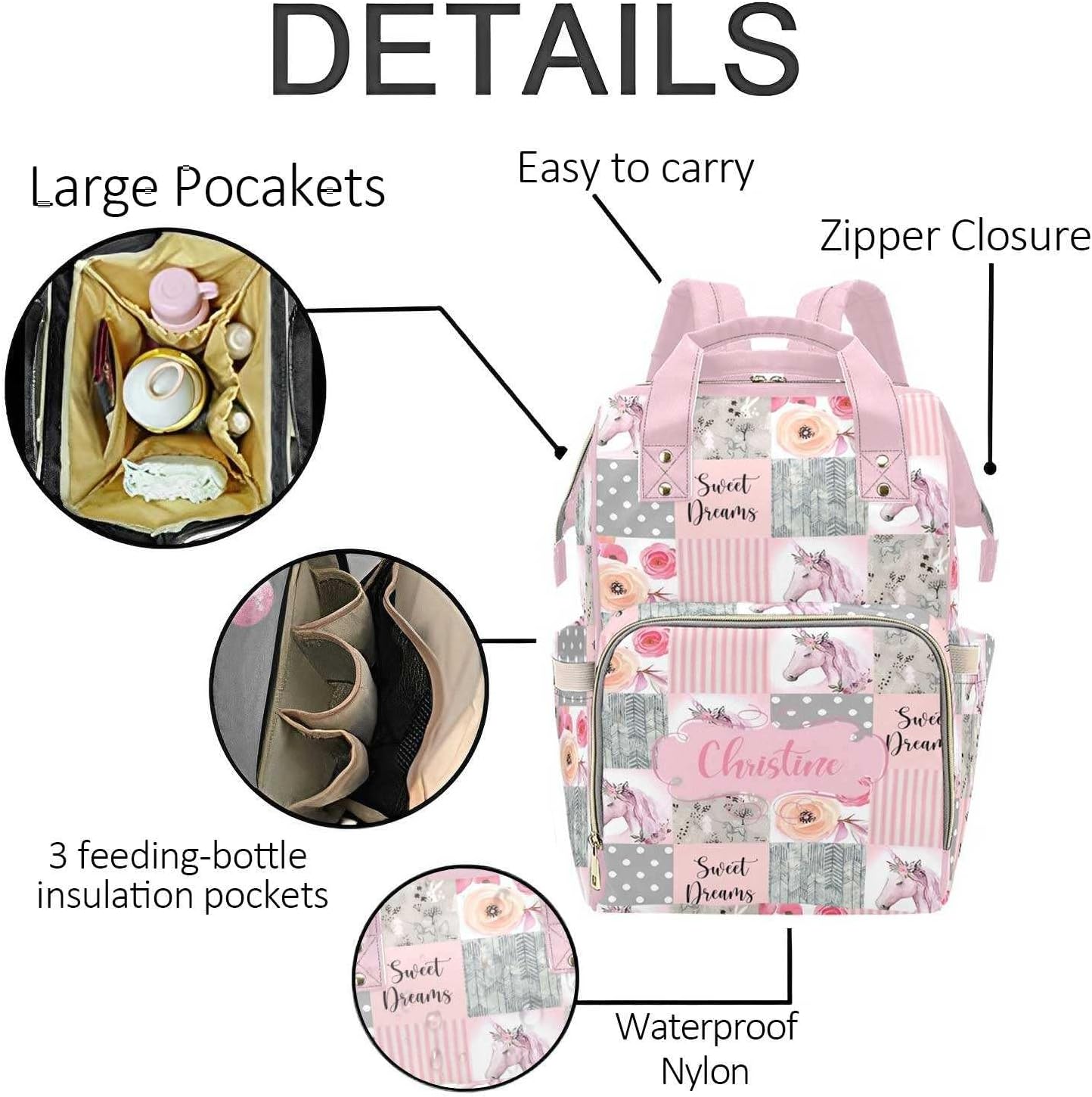 Horse Pink Personalized Diaper Bag with Custom Name – Custom Baby Tote Backpack for Mom, Unique Gift for New Parents, Baby Shower Essentials