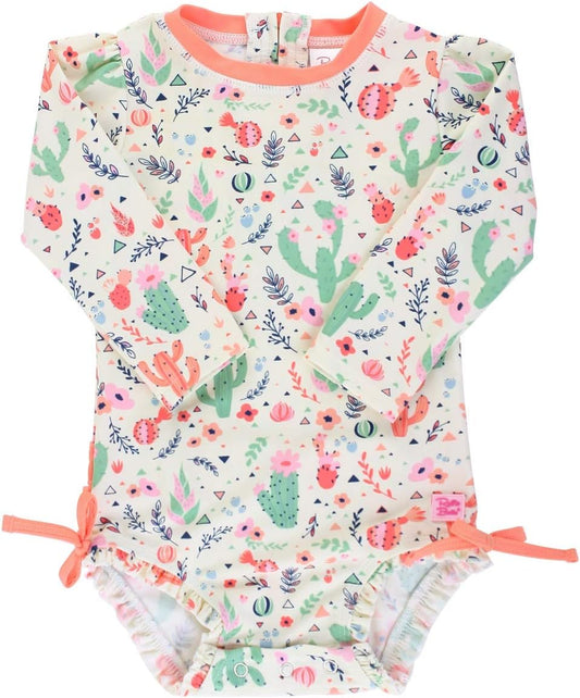 RuffleButts Baby Girls UPF 50+ Sun Protection Novelty Print Long Sleeve One Piece Rash Guard Swimsuit with Zipper