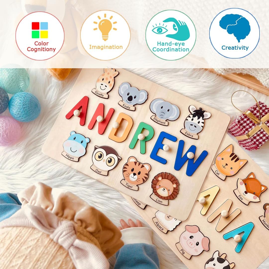 Custom Name Puzzle for Kids Personalized Wooden Animal Puzzles for Toddlers 1-3 Engraved Text on Back, Personalized Baby Gifts Educational Toys for 1 Year Old Girl Gifts for Birthday Baptism