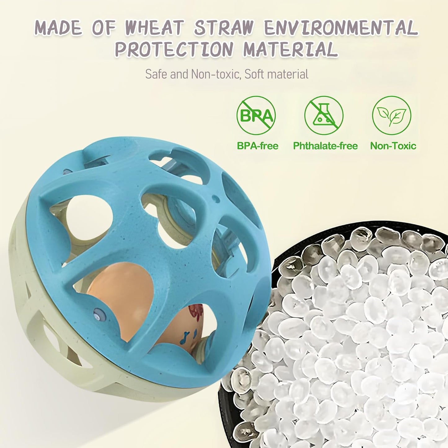 Baby Rattle Ball, Baby Teething Sensory Montessori Toys Soft Chew Toy with Rattles for Babies, Safe Wheat Straw Travel Toys Newborn Gift for Infant Boys Girls 3 6 7 8 9 10 11 12 Months