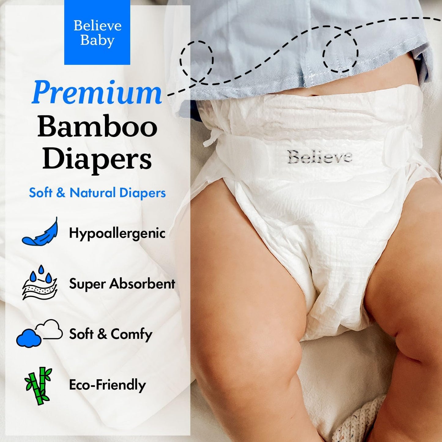 Believe Diapers Size Newborn (<10Lbs) Viscose Bamboo Diapers 36 Count – Natural Baby Diaper, Chemical Free and Fragrance Free Natural Diaper for Sensitive Skin, Super Absorbent with Leak Protection