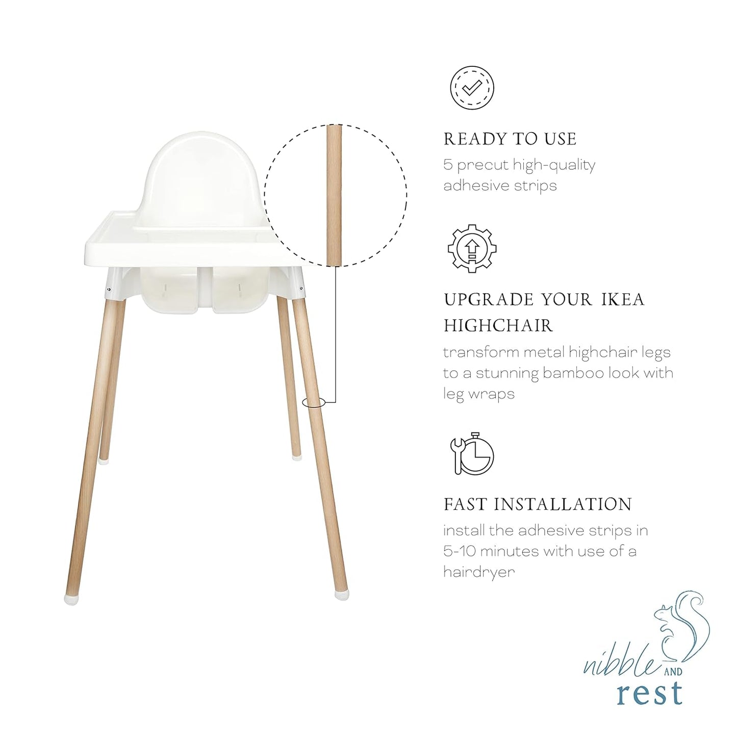 Nibble and Rest Highchair Decorative Leg Wraps, Bamboo Style, Highchair Accessories, Compatible with IKEA Antilop Highchair, Includes 4 Pre-Cut Adhesive Strips