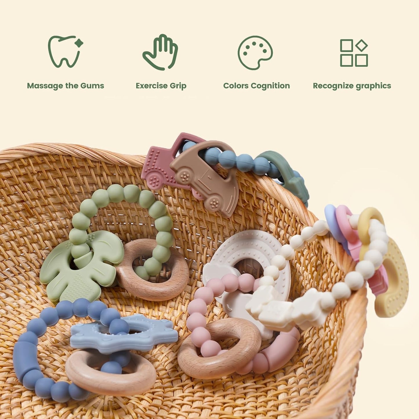 Baby Silicone and Wood Teether Ring Toy,Food Grade Silicone Chew Toys for 3-6,6-12,12-18 Months Newborns,Infants,Toddlers Teething Relief,Safe and Soft,BPA Free,Baby Essentials. (Leaf)