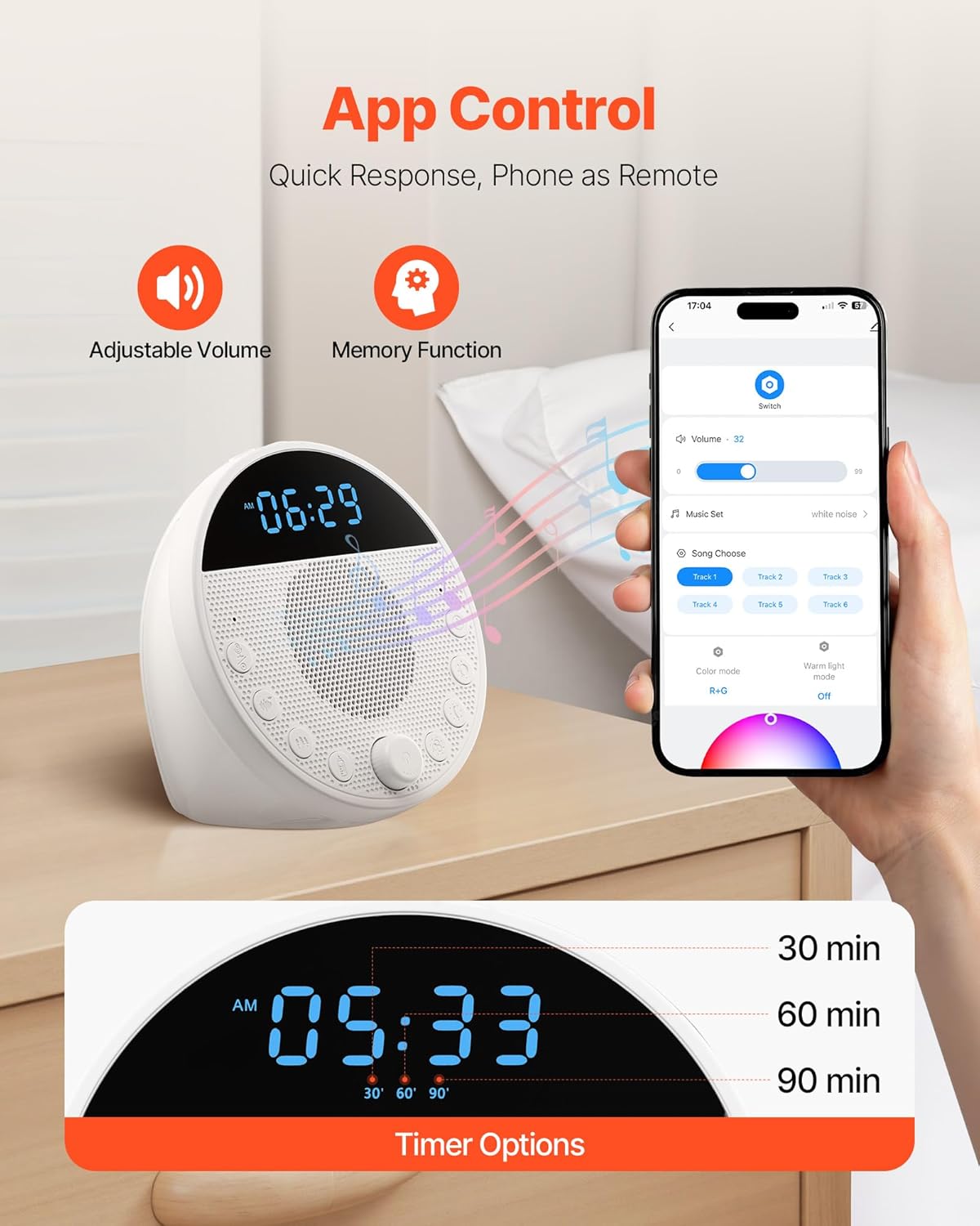 VEVOR Sound Machine, 18 Soothing Sleep Sounds and 7-Color Night Light, 5-in-1 White Noise Sound Machine with Dual Alarms, Auto-Off Timer and Memory Function, for Baby, Adults, Home, Office & Travel