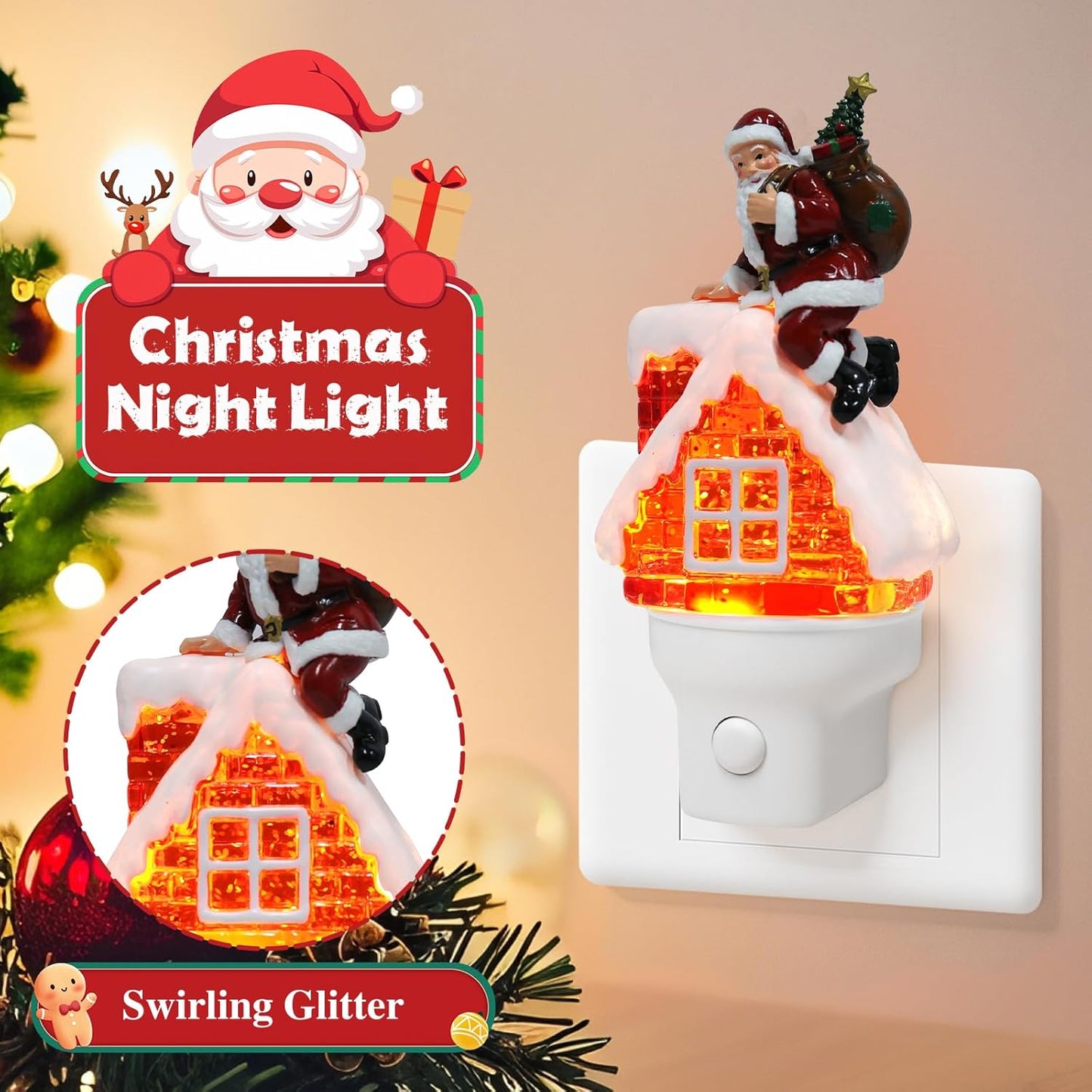 2 Pack Christmas Santa Night Light Plug into Wall Glitter Water Nightlight with USB/Outlet Options, Christmas Decorative Nightlight for Bedroom Kitchen Hallway Holiday Decorations Gifts (Santa)