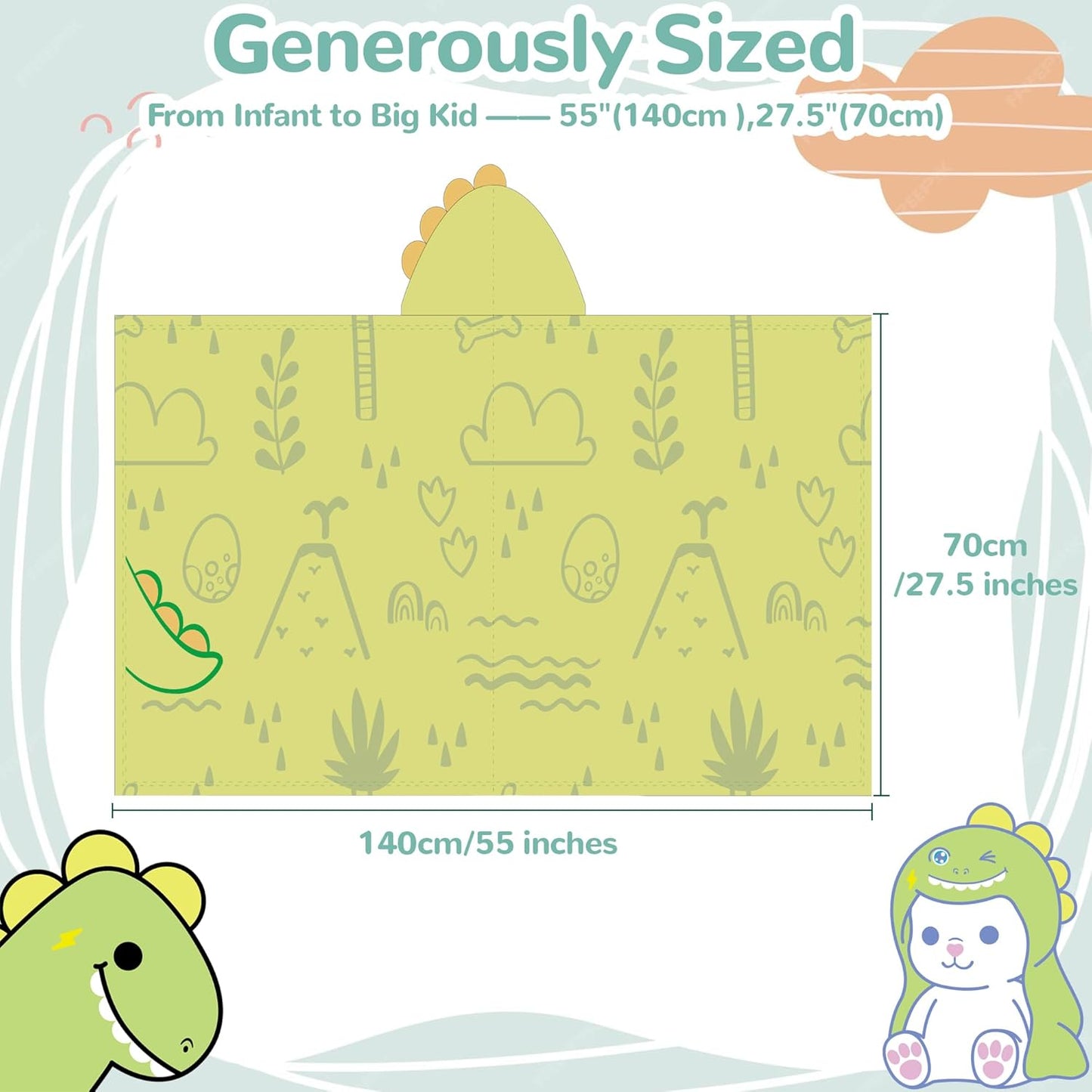 HECCEI HoodieHug Baby Towels, Premium Coral Fleece Bath Towel with Large Size-Ultra Absorbent for Baby Comfort- Great Gift for Newborn, Toddler and Kid (Dinosaur)