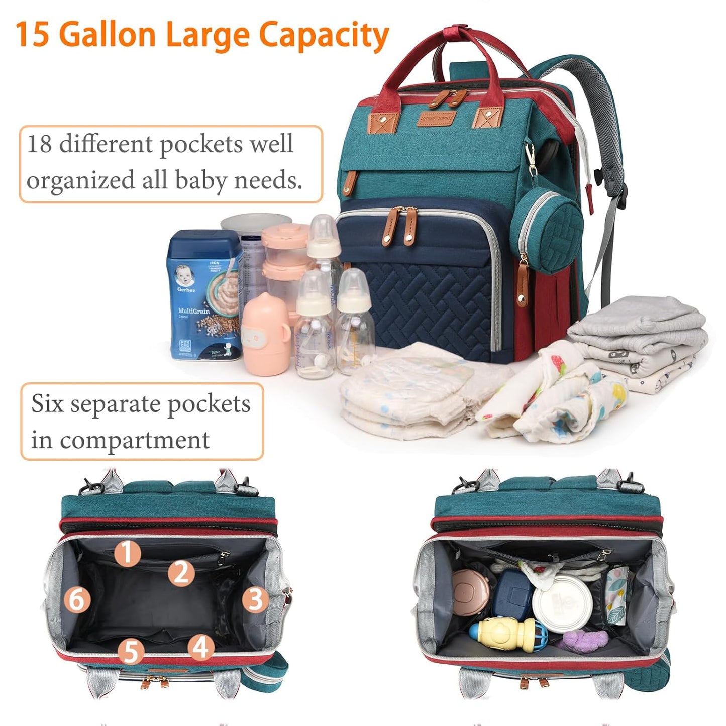 Baby Diaper Bags with Changing Station, Waterproof Diaper Bag Backpack for Moms Dads with USB Charging Port, Baby Shower Gifts, Large Capacity diaper backpack, Red-Green-Blue