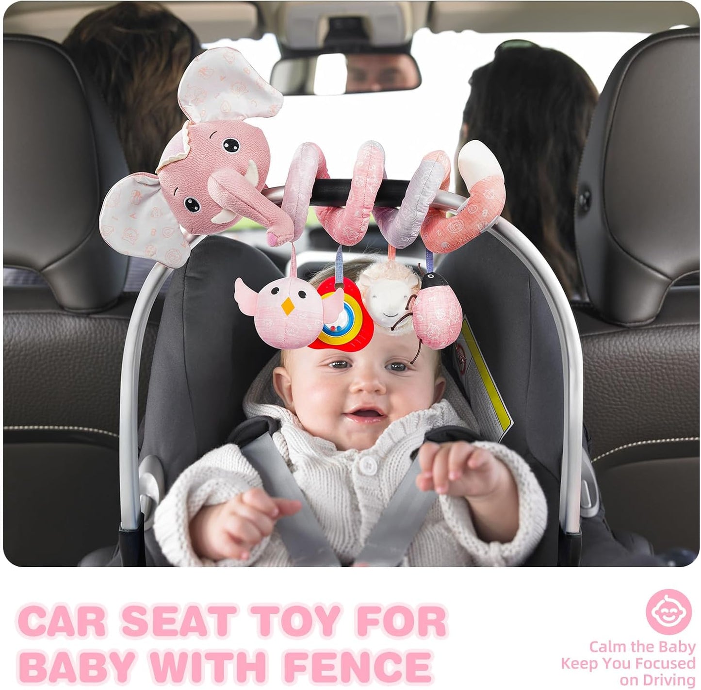 Jollybaby Crib Stroller Car Seat Toys for Baby 0-3-6-9-12 Months, Tummy Time Hanging Sensory Toys for Newborn with Music Box and Teether, Spiral Carseat Toy for Boys Girls Gifts (11-Sz Pink Elephant)