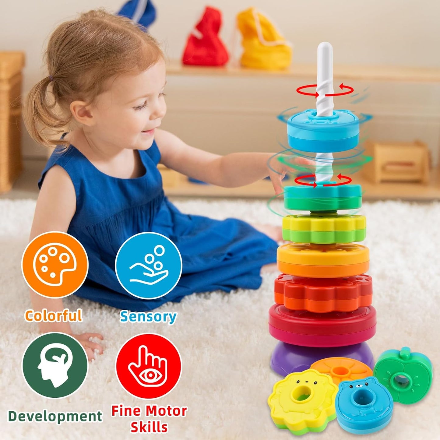 LBAIBB Spinning Stacking Toys,Spin Toy for Toddlers 1-3,Montessori Toys for 1 Year Old,Rainbow Spin Tower,Autism Sensory Learning Toy,Suitable for Gifts for Boys and Girls
