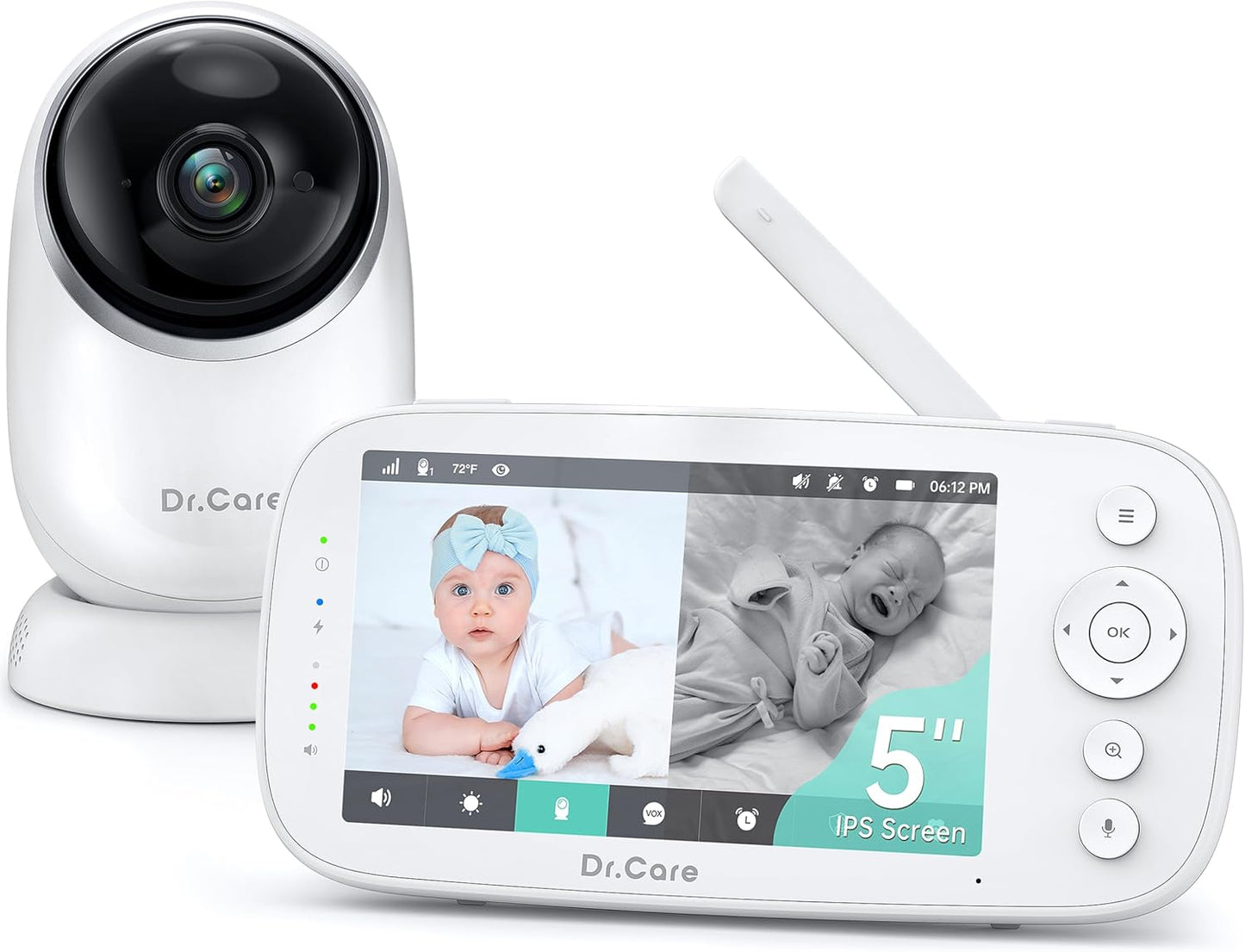 Dr.Care NovaView Video Baby Monitor - 5" 1080P Split Screen Display, 5000mAh Battery, Clear Night Vision, Real-Time/VOX, 2X/4X Zoom, 1000ft Range, 2-Way Audio, Pan & Tilt, No WiFi Baby Camera