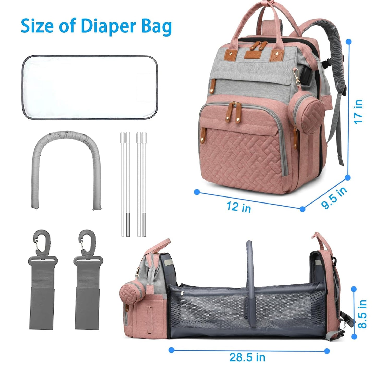 Jeryswet Baby Diaper Bags with Changing Station, Waterproof Large Capacity Diaper Bag Backpack for Moms Dads with USB Charging Port and Stroller Straps, Baby Shower Gifts, Pink-Grey