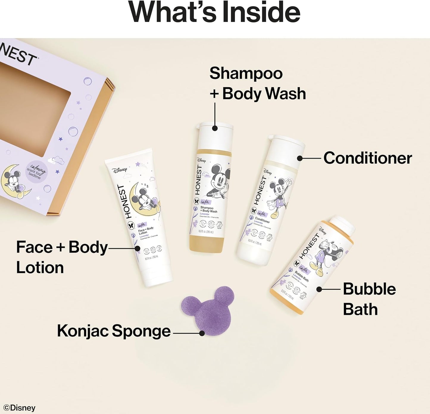 The Honest Company Calm Lavender Bathtime Gift Set and Disney Design Hypoallergenic Bath for Sensitive Baby Skin Shampoo and Body Wash Face and Body Lotion Bubble Bath Conditioner Sponge