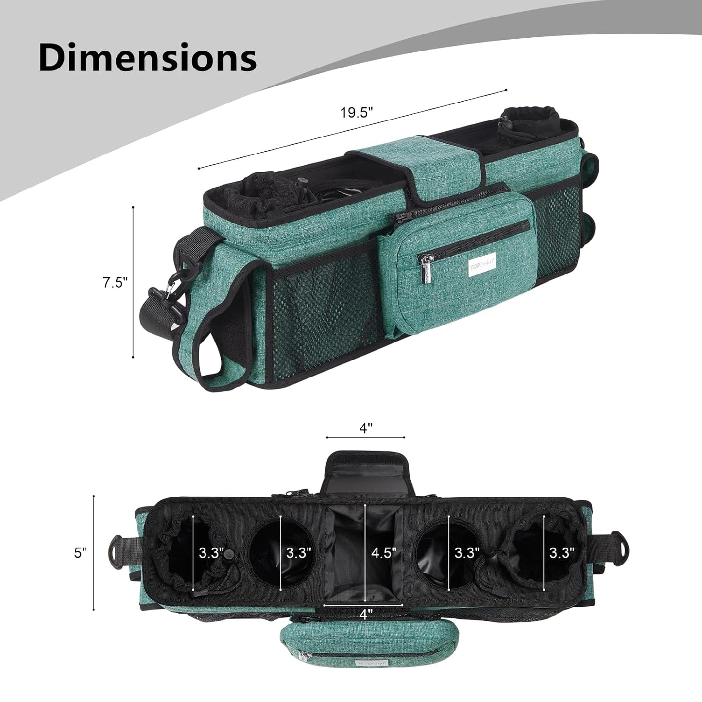 TOPDesign Universal Baby Stroller Organizer, Double Stroller Caddy with Detachable Mesh Bag & Heightened Insulated Cup Holders & Non-Slip Secure Hooks Accessories, Fits Most Strollers (Green)