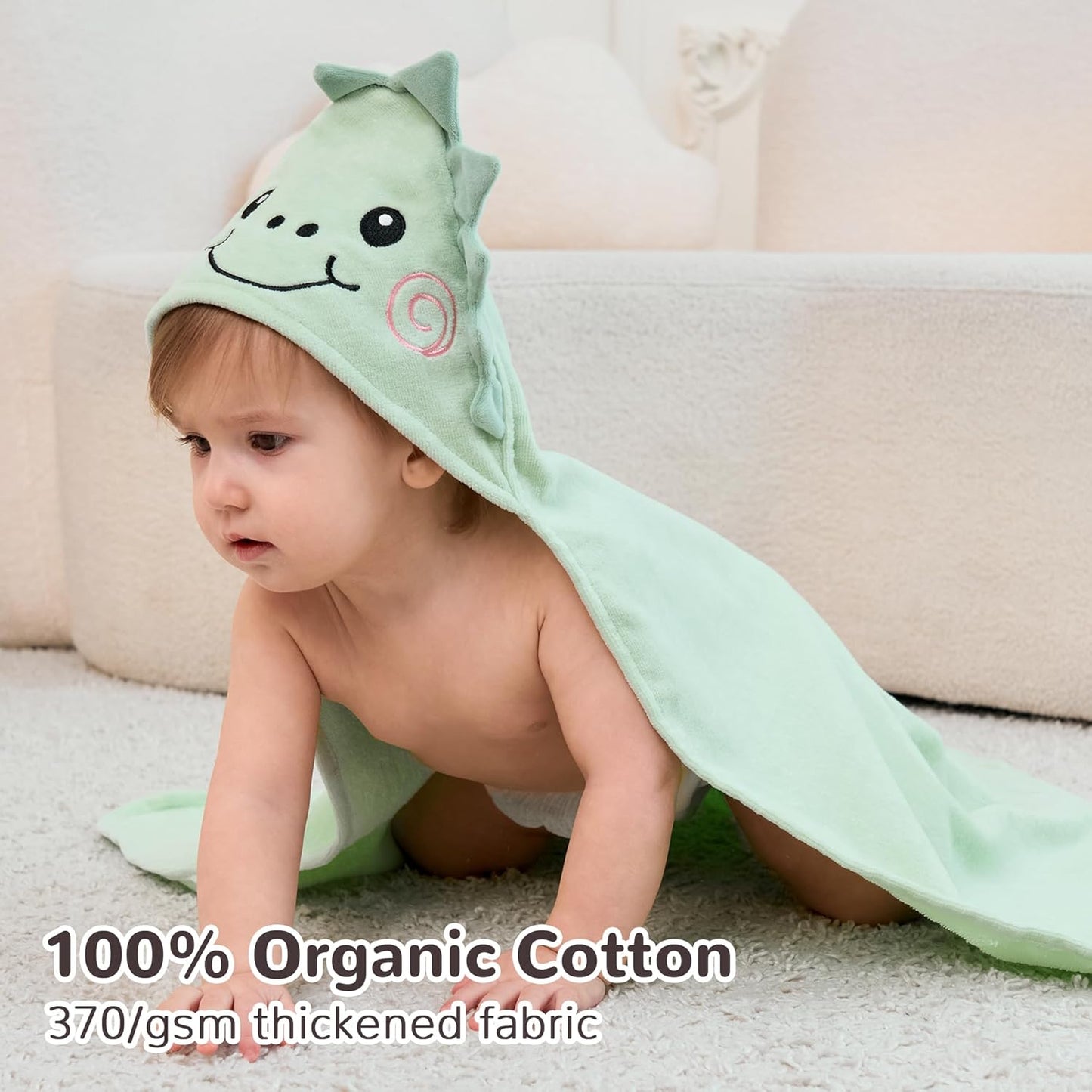 Viviland 2 Pack Hooded Baby Towels, Soft 100% Cotton Baby Bath Towels with Hood, Extra Thick and Absorbent, Essential for Newborns, Kids, Infants - Girls and Boys (Sheep & Green Dinosaur)