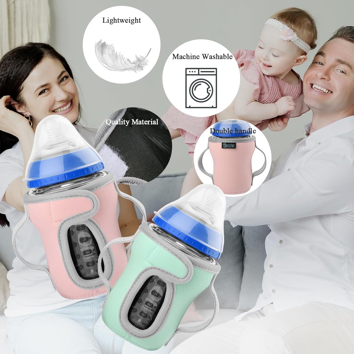 Beautyflier Glass Baby Bottle Sleeve Covers for 9oz Nature Baby Bottles with Dual Handle, 3.8mm Thicken Heat and Cold Retention Baby Bottle Sleeve (Pink+Green)