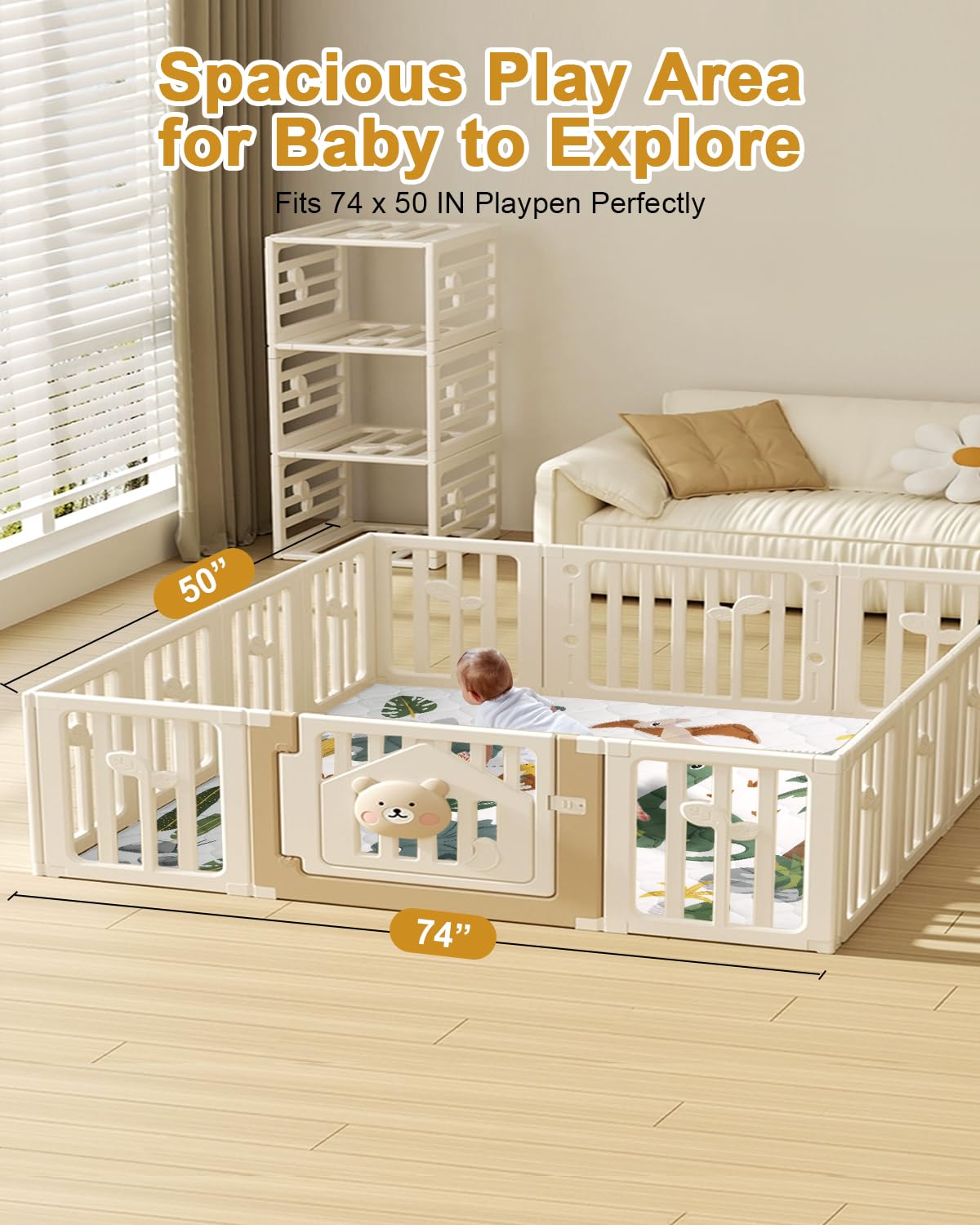 Premium Foam Baby Play Mat 74x50 – Removable & Machine Washable Cover, Extra Thick Padding Playpen Mat, Non-Slip Crawling Mat, Easy to Clean for Infants, Toddlers & Babies