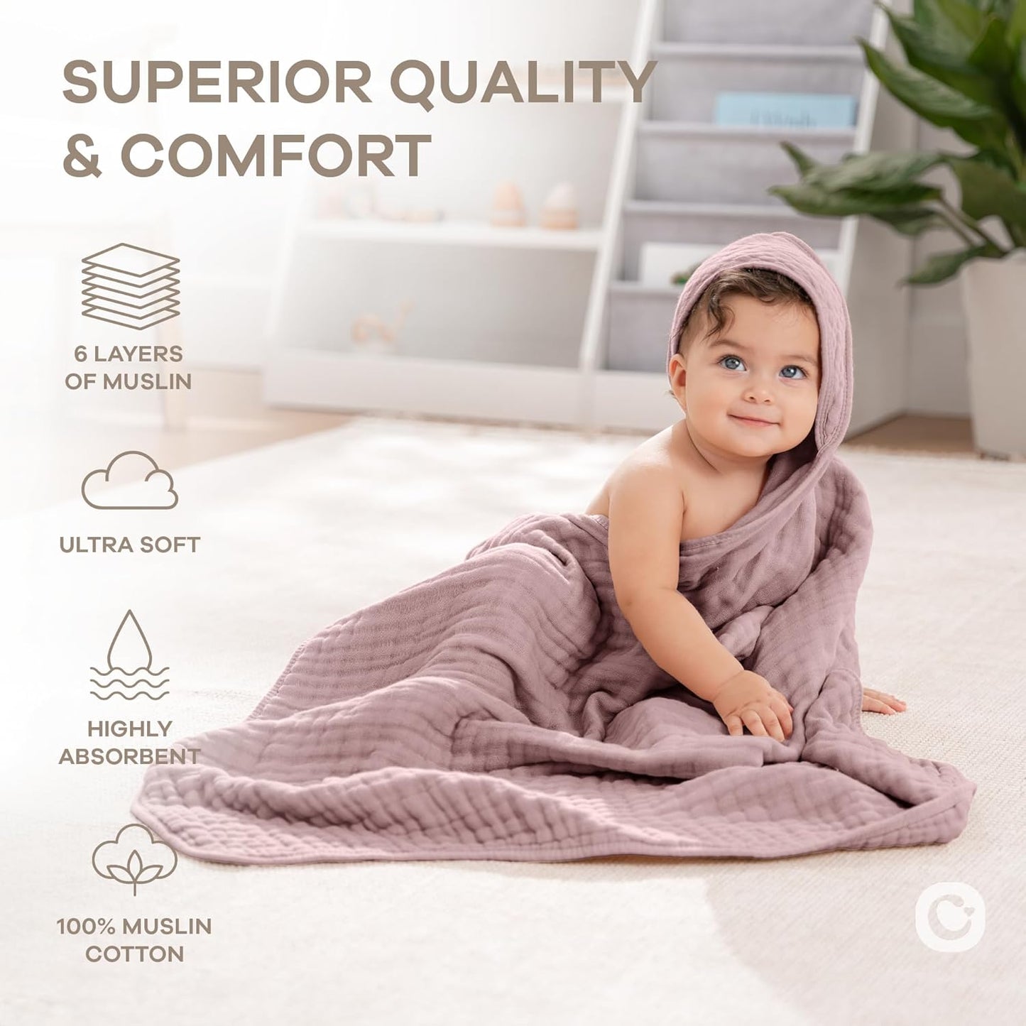 Comfy Cubs Hooded Baby Towel 2-Pack, Large 32 x 32 Inch - 6 Layer 100% Muslin Cotton for Babies, Toddlers and Kids - Soft & Absorbent Baby Bath Towels - Unisex Design for Bath Time - Mauve