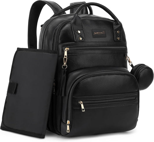 Premium Vegan Leather Diaper Bag Backpack with Waterproof Changing Pad, Reinforced Zippers & Odor-Free, 20 Pockets Pro Organizer, Fits 15.6" Laptop, Stroller Straps, Baby Bag for Mom, Black