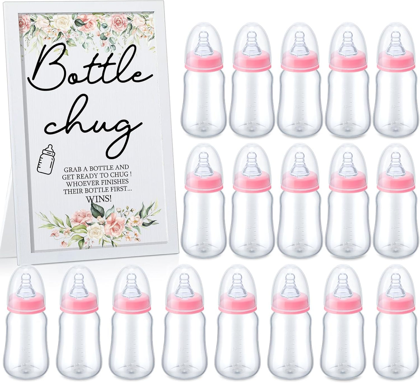 Roowest Bottle Chug Baby Shower Game Favors Including Flower Theme Bottle Chug Game Wooden Sign and 18 Pcs Pink Baby Bottles for Baby Shower Game Gender Reveal Party Supplies