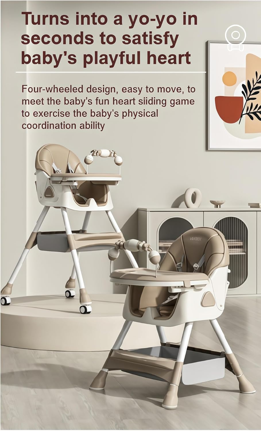 Nine point nine PU Leather High Chairs with Rocking Mode, High Chair for Babies and Toddlers, Adjustable and Easy to Fold Highchair, Highchairs with Double Tray (Grey)