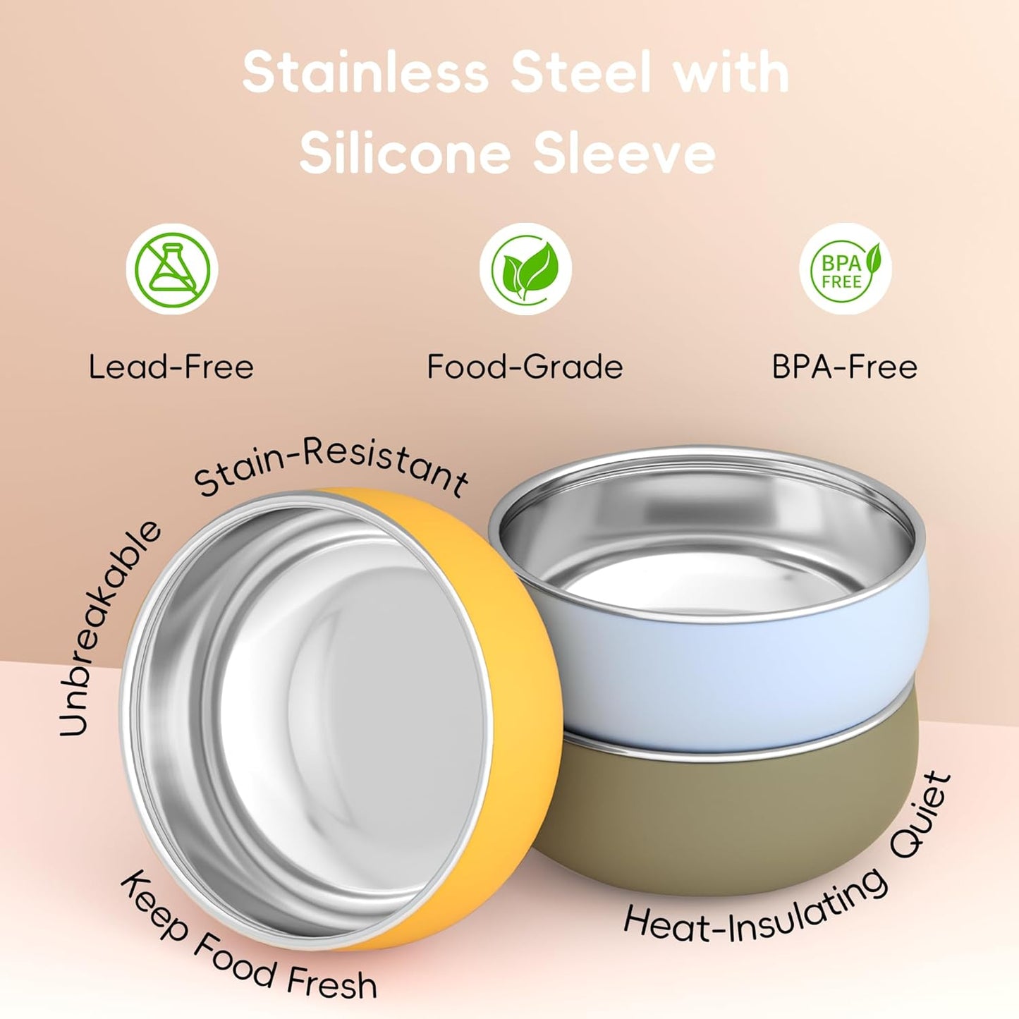 Bella's Friends Stainless Steel Baby Bowls with Silicone Sleeve 3 Pack, 5” for Toddlers Kids Feeding, Non-Slip, Non-Toxic, Mess-Free, Dishwasher Safe, Fit High Chair Size