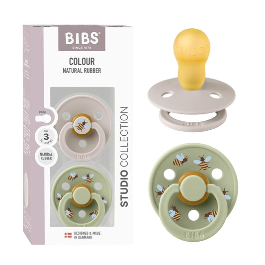 BIBS Studio Soother 2-Pack, BPA Free Dummy Pacifier, Round Nipple. Natural Rubber Latex, Made in Denmark, Size 3 (18+ Months), Mushroom/Sage