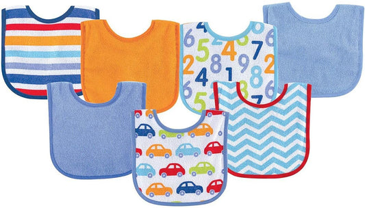 Luvable Friends Baby Cotton Terry Drooler Bibs with PEVA Back, Transportation, One Size
