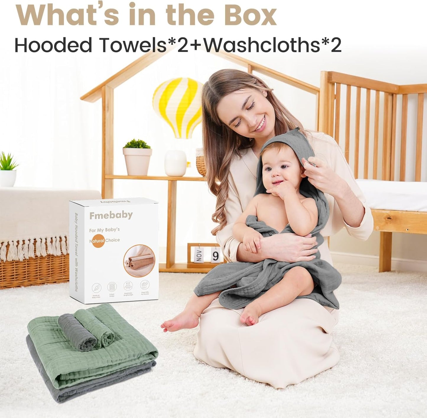 Hooded Baby Towels for Newborn 2 Pack, 36x36 Inch Muslin Cotton Baby Bath Towel and 2 Pack Washcloths for Babies, Soft and Absorbent Newborn Essential(Apricot and Dinasour)