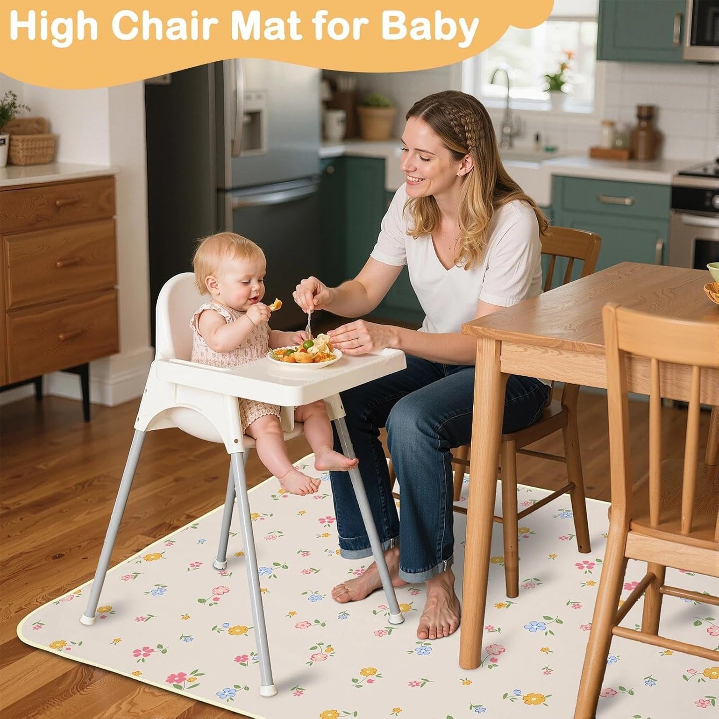 Splat Mat for Under High Chair 42 x 42 Inch Waterproof Baby Splash Mat with Non Slip Bottom Reusable Portable Highchair Mat for Floor Food Catcher for High Chair, Yellow Pink Floral