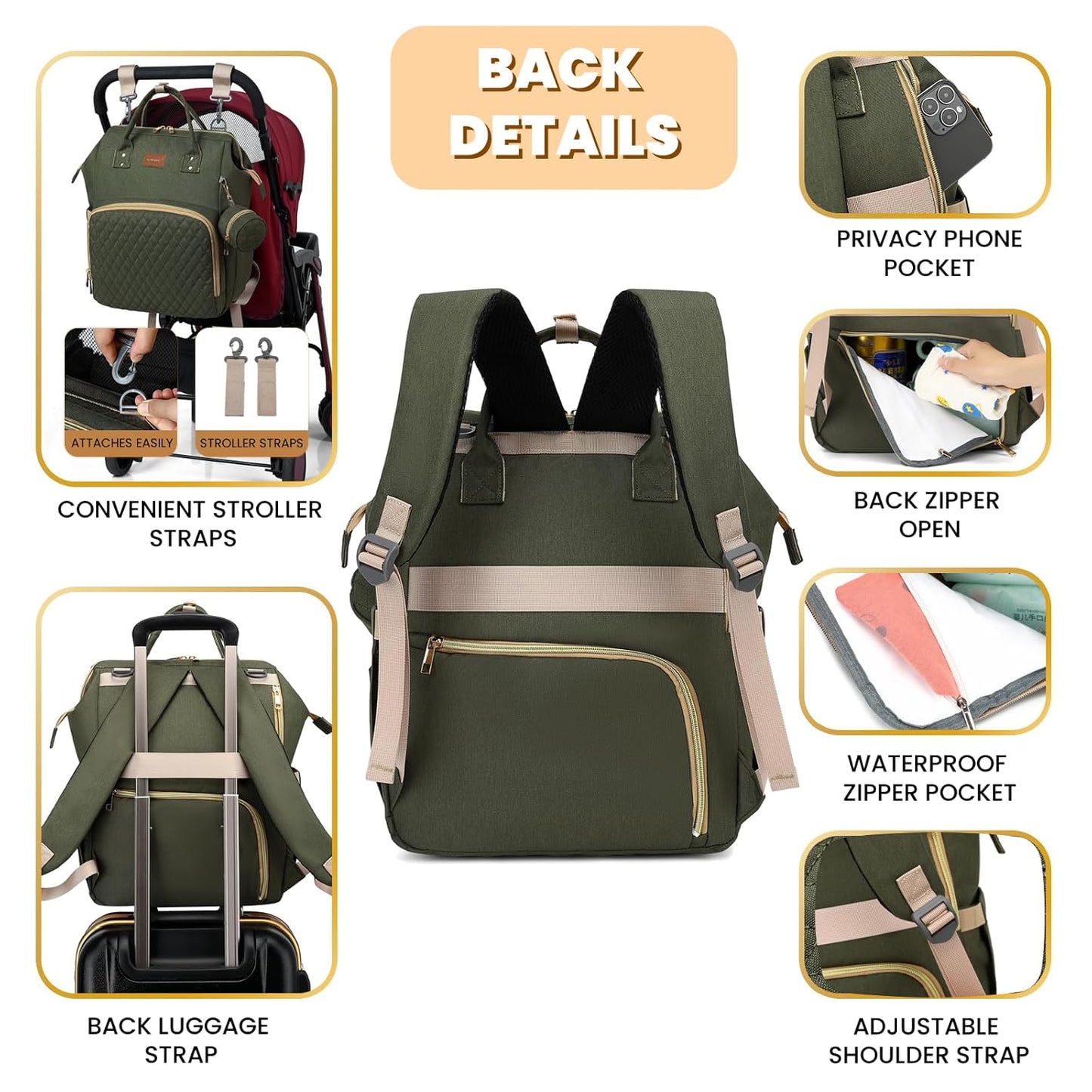 Diaper Bag Backpack with Changing Pad, Pacifier Case, Baby Bag for Boy Girl Toddler - Large, Stylish, Waterproof Travel Quilted Diaper Bag for Mom - Baby Shower - Army Green