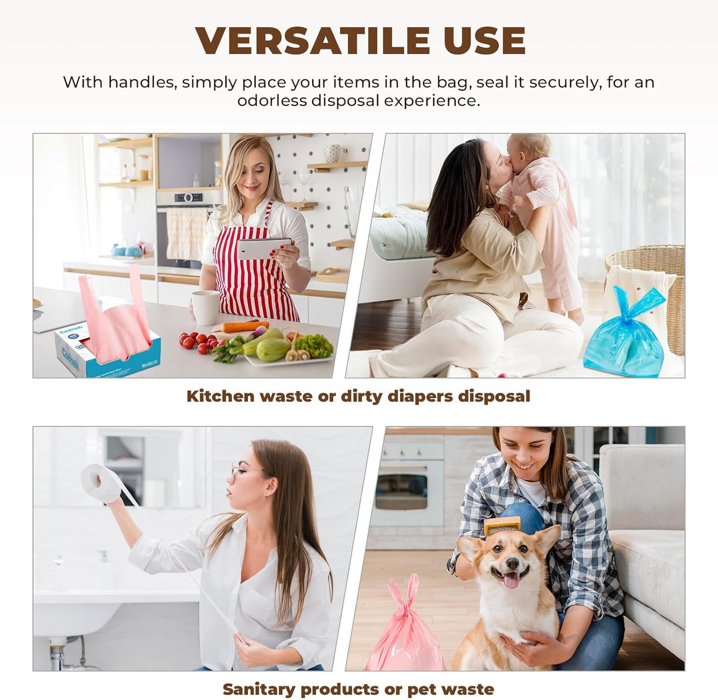 Odor Sealing Disposable Diaper Bags with Tie Handle, 160 count, Large Capacity, Unscented & Durable Diaper Trash Bags for Home & Baby Travel Use (Color:Pink)