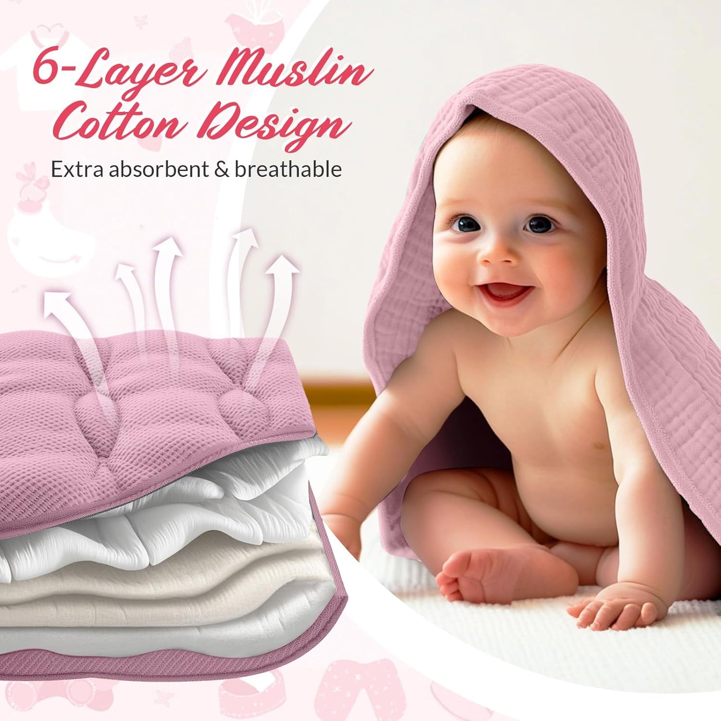 6 Pcs Muslin Hooded Bath Towels Washcloths and Bibs Set, Muslin Cotton Baby Towels Absorbent Hooded Blanket Towel Infant Bibs for Boys Girls Newborn Infant Essentials(Pink,Rose)