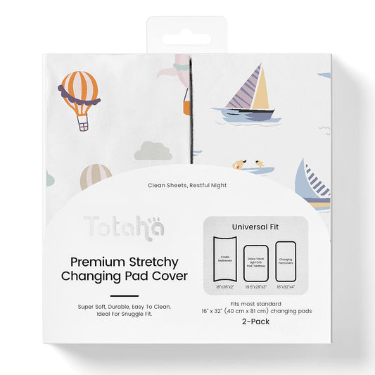TotAha Premium Stretchy Changing Pad Covers (2-Pack)-Hypoallergenic, Silky Comfort, Buttery Soft, Calming Effect, All-Season Jersey-Knit 32 X 16 X 5'' Deep Pocket (Air Balloon & Sailboat)