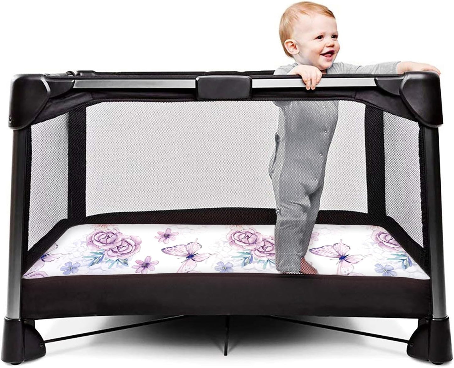 AMROSE 3 Pack Soft Mini Crib Sheets, Microfiber Pack N Play Sheets Set for Baby Girls, Silk Touch Gentle, Fitted for Playard Portable Mini Crib Mattress, Happy Garden