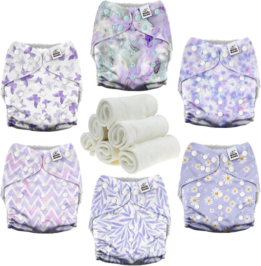 Mama Koala 3.0 Cloth Diapers for Babies with AWJ Lining, 6 Pack with 6 Natural Cloth Diaper Inserts - Reusable and Washable Pocket Diapers (Light Lavender)