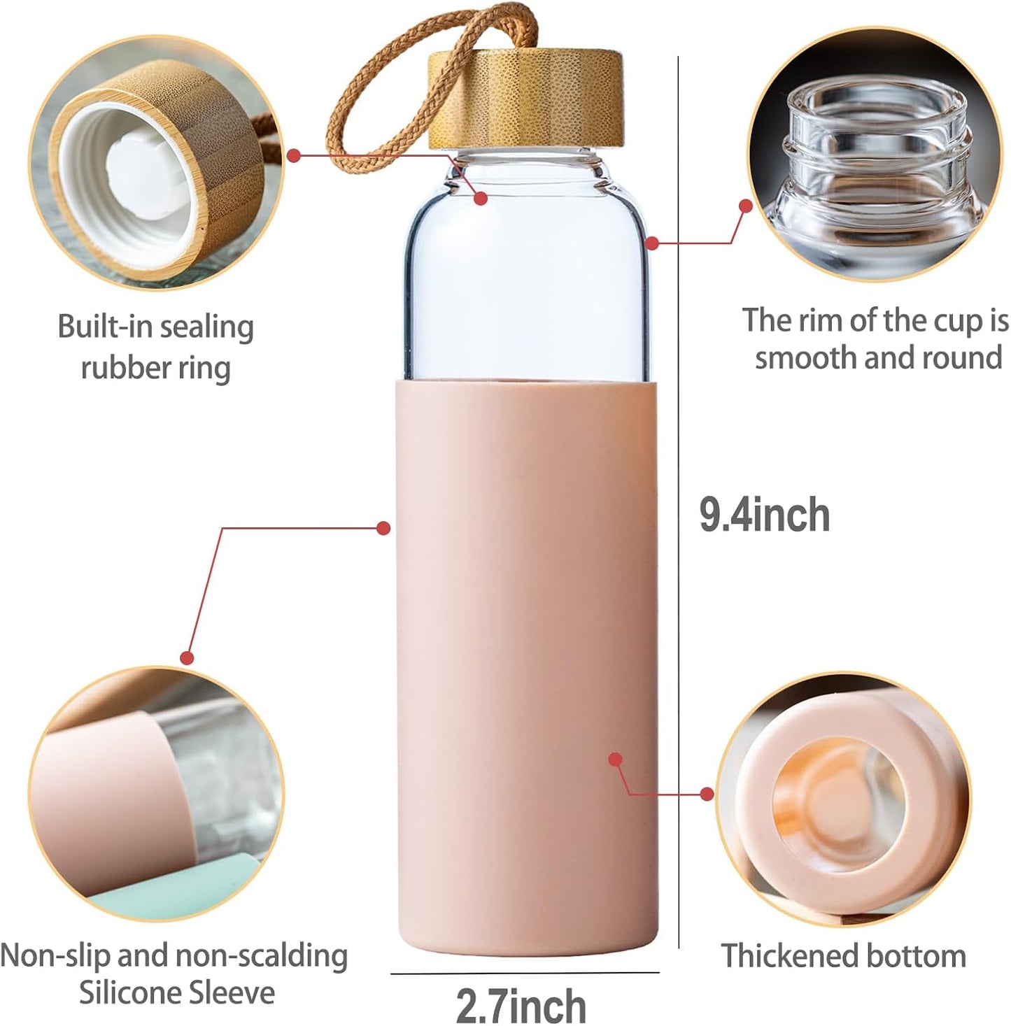 21oz Glass Water Bottle with Silicone Sleeve & Bamboo Lid, BPA Free Reusable Water Bottle Glass for Gym Office Travel, Gift for Fitness Enthusiasts (Pink)