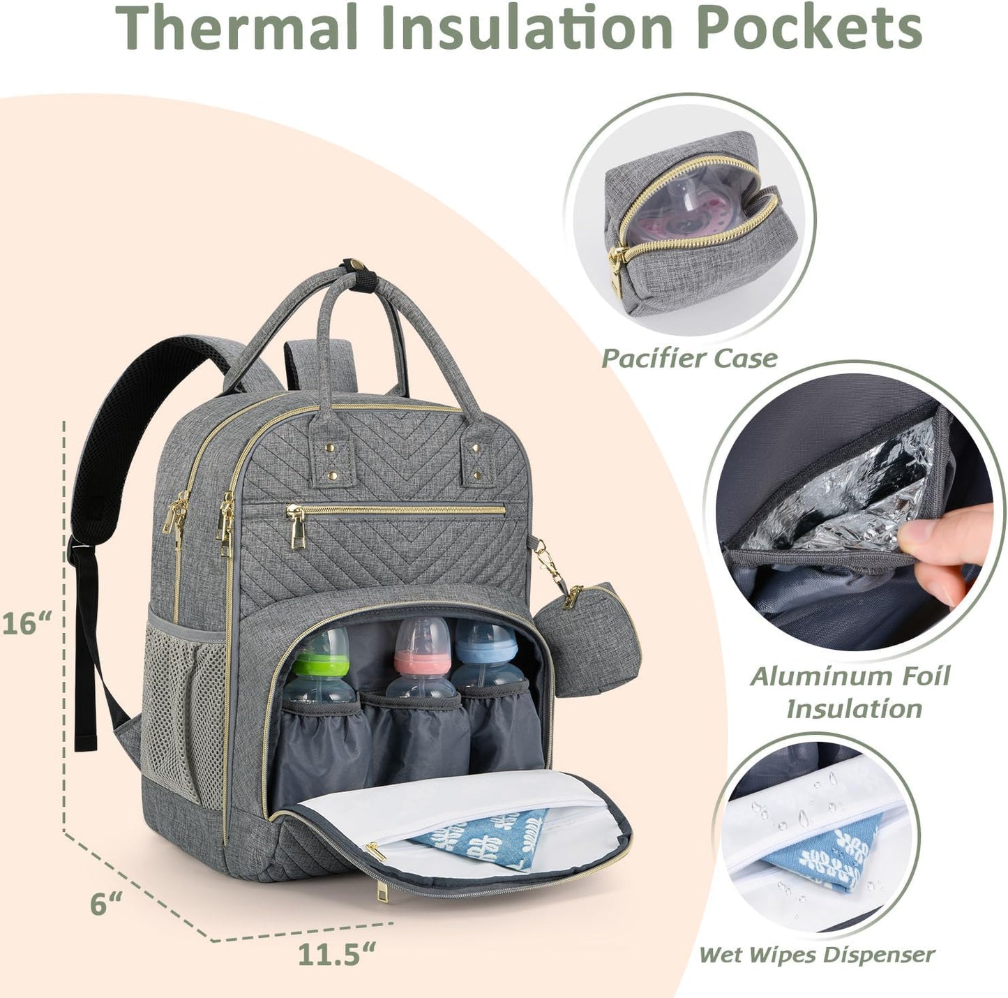 Diaper Bag Backpack,Baby Essentials Diapers Bag with Pacifier Case,Multipurpose Stylish Large Capacity Travel Backpack for Baby Girl/Boy(L-Grey)