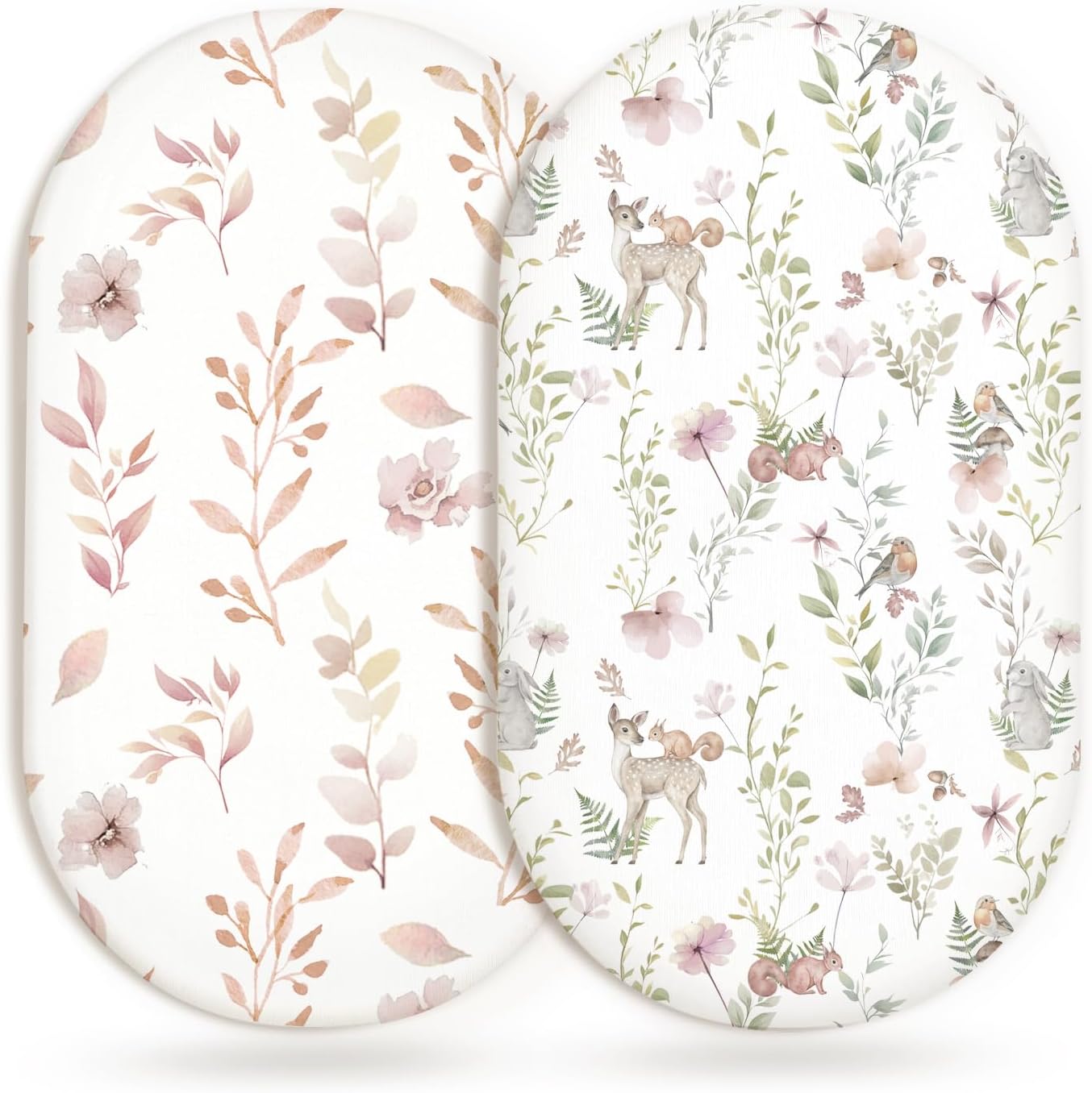 Bassinet Sheets for Baby Girls Boys 2 Pack, Fitted Baby Mattress Sheet for Rectangle, Oval, Hourglass Bassinet Mattress, Breathable Cozy & Universal Fit (Floral Fawn)