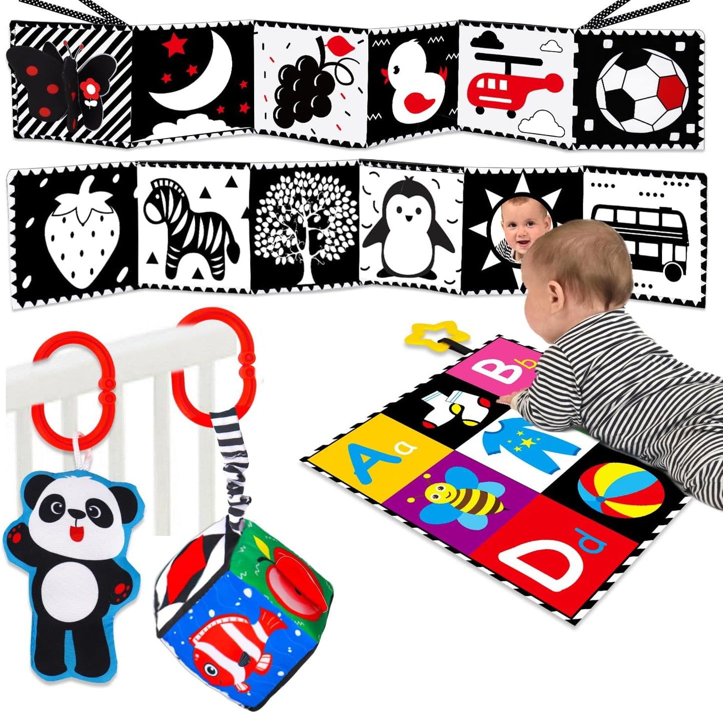 4 PCS Black and White High Contrast Baby Toys 0-3-6 Months Newborn Essential Montessori Toy for Babies Crinkle Sensory Book Brain Development Tummy Time Mirror Infant Carseat Rattle Easter Shower Gift