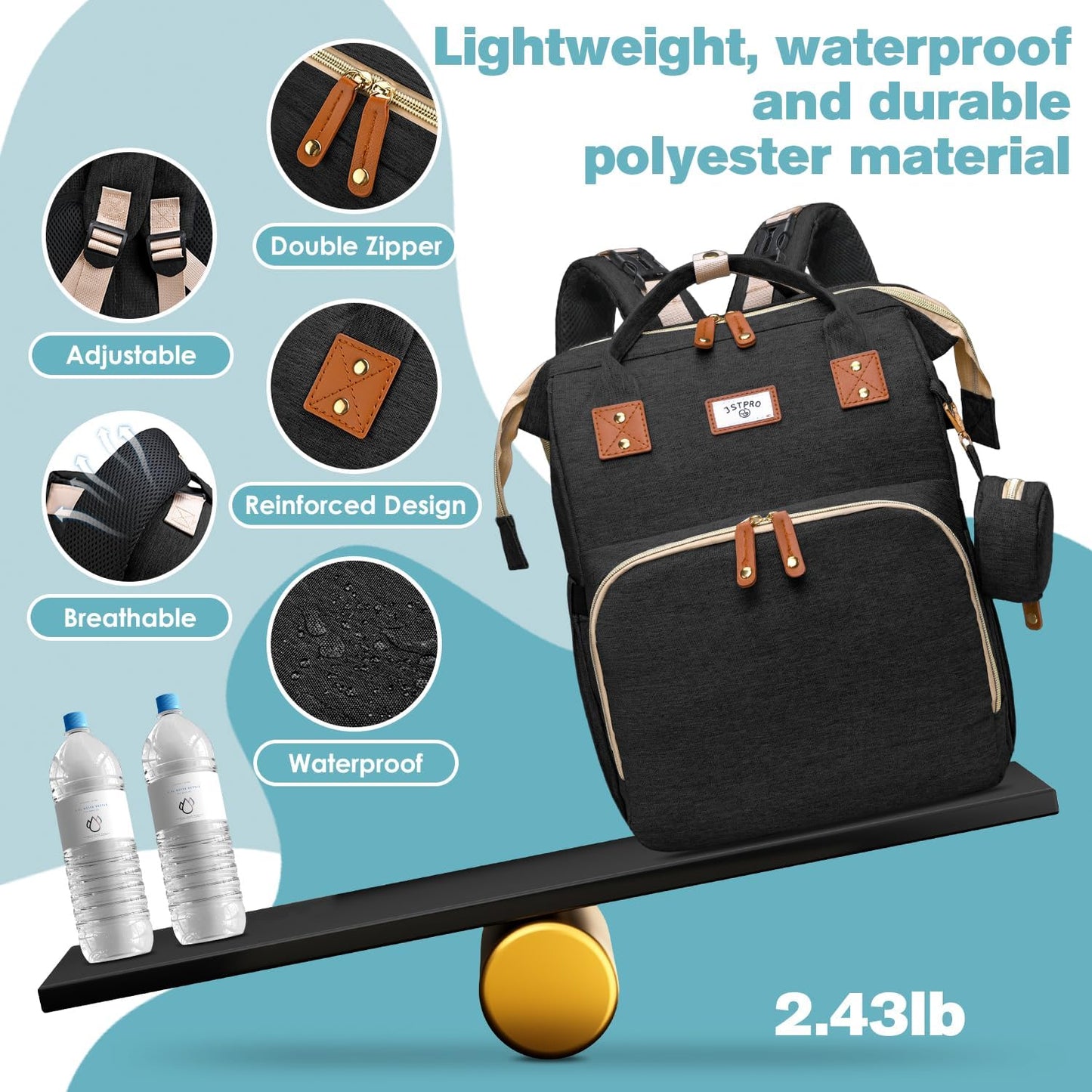 Diaper Bag Backpack, Large Waterproof Lightweight Diaper Bag with Changing Station, Insulated Pockets, USB Port & Stroller Straps, Travel Baby Bag for Mom and Dad, Baby Shower Gifts (Black)