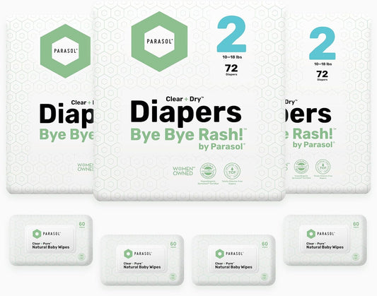 Parasol Clear+Dry Disposable Diapers and Clear+Pure Wipes Kit, RashShield Protection, Size 2 (10-18 lbs), Diaper Bundle of 216 Diapers & 240 Wipes