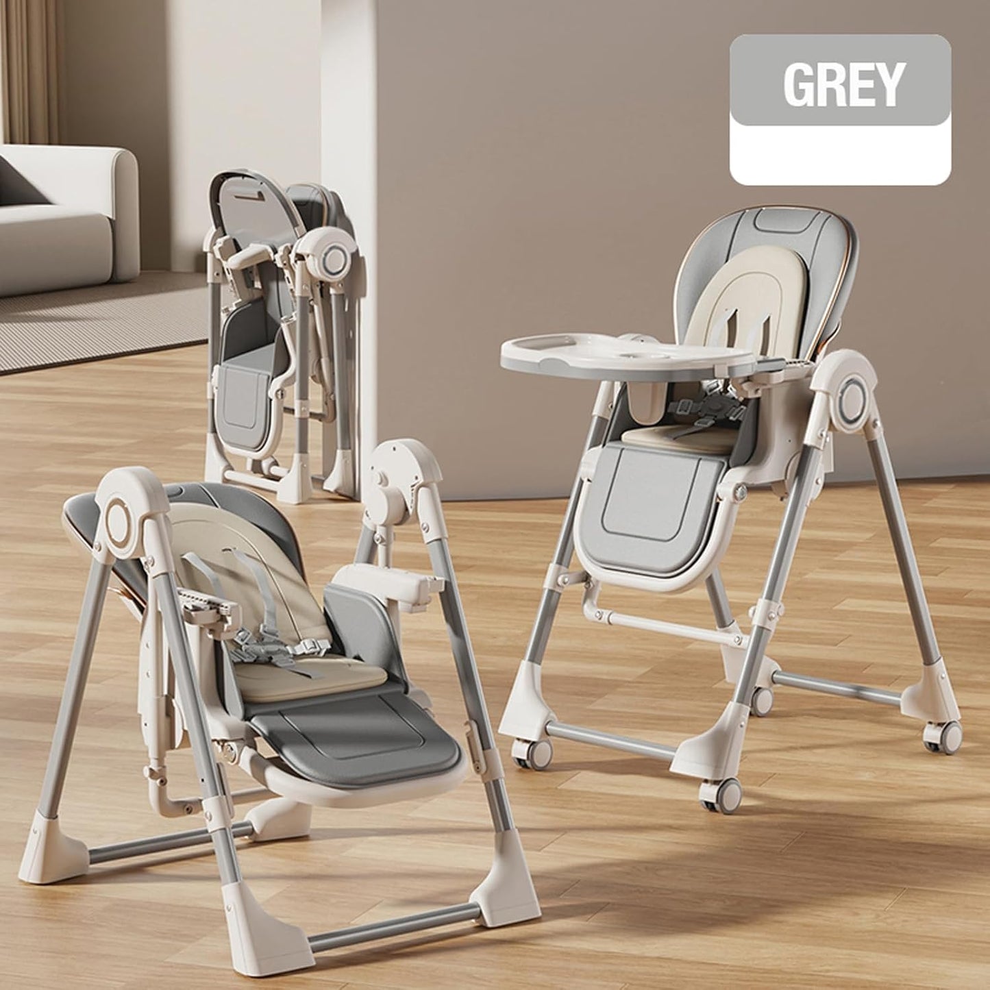 Nine point nine PU Leather Baby High Chair with Swinging Function, High Chairs for Babies and Toddlers, Removable Double Tray Baby Seat Feeding Chairs (8121 Grey)