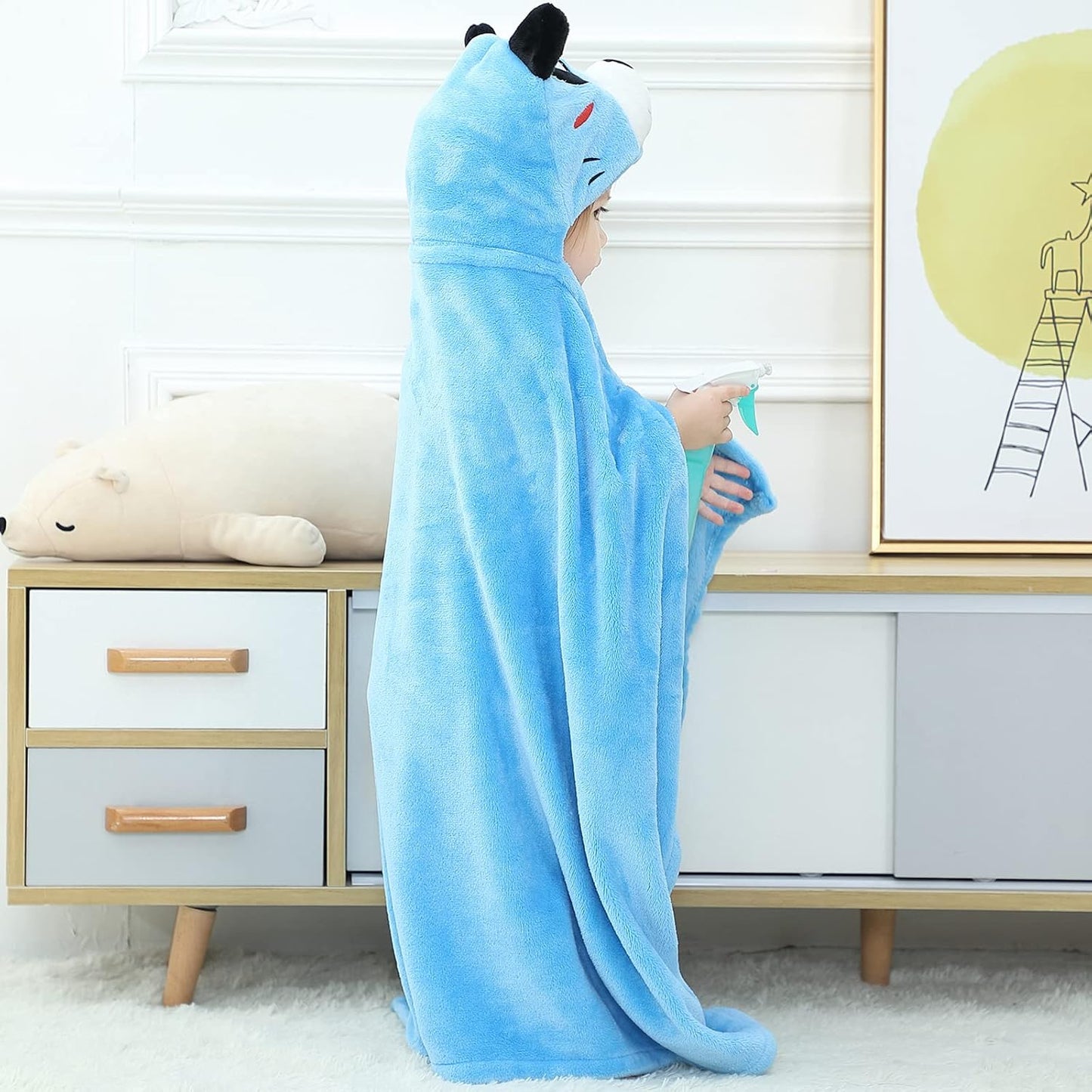 Wearable Blanket Hoodie for Kids Toddlers Hooded Towels Soft Cozy Flannel Wearable Throw Blanket Hoodie for Boys Girls Birthday Gifts (Blue Bear 60 * 50)