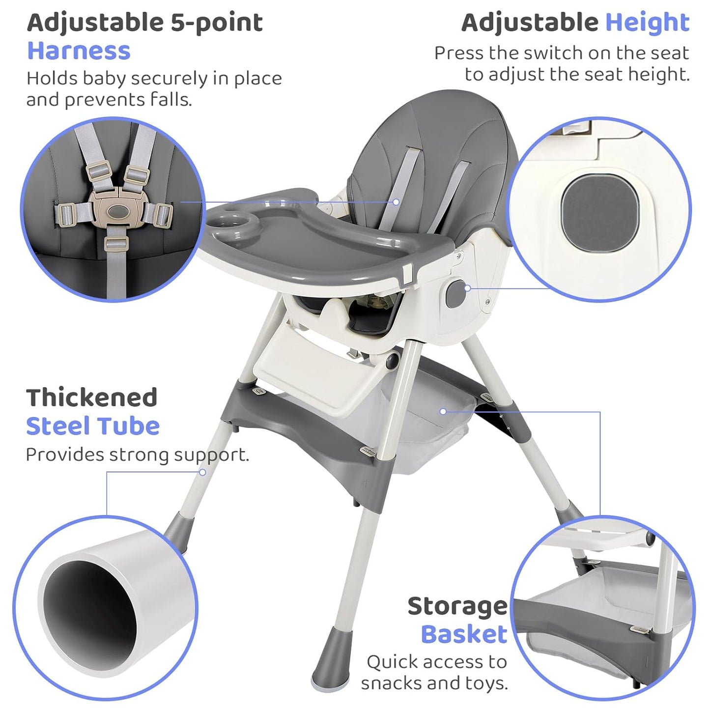 6-in-1 Foldable Baby High Chair for Babies & Toddlers – Adjustable Height & Recline, 5-Point Safety Harness, Removable Tray | Portable Highchair, Space-Saving & Easy Clean | Silla de Comer para Bebé