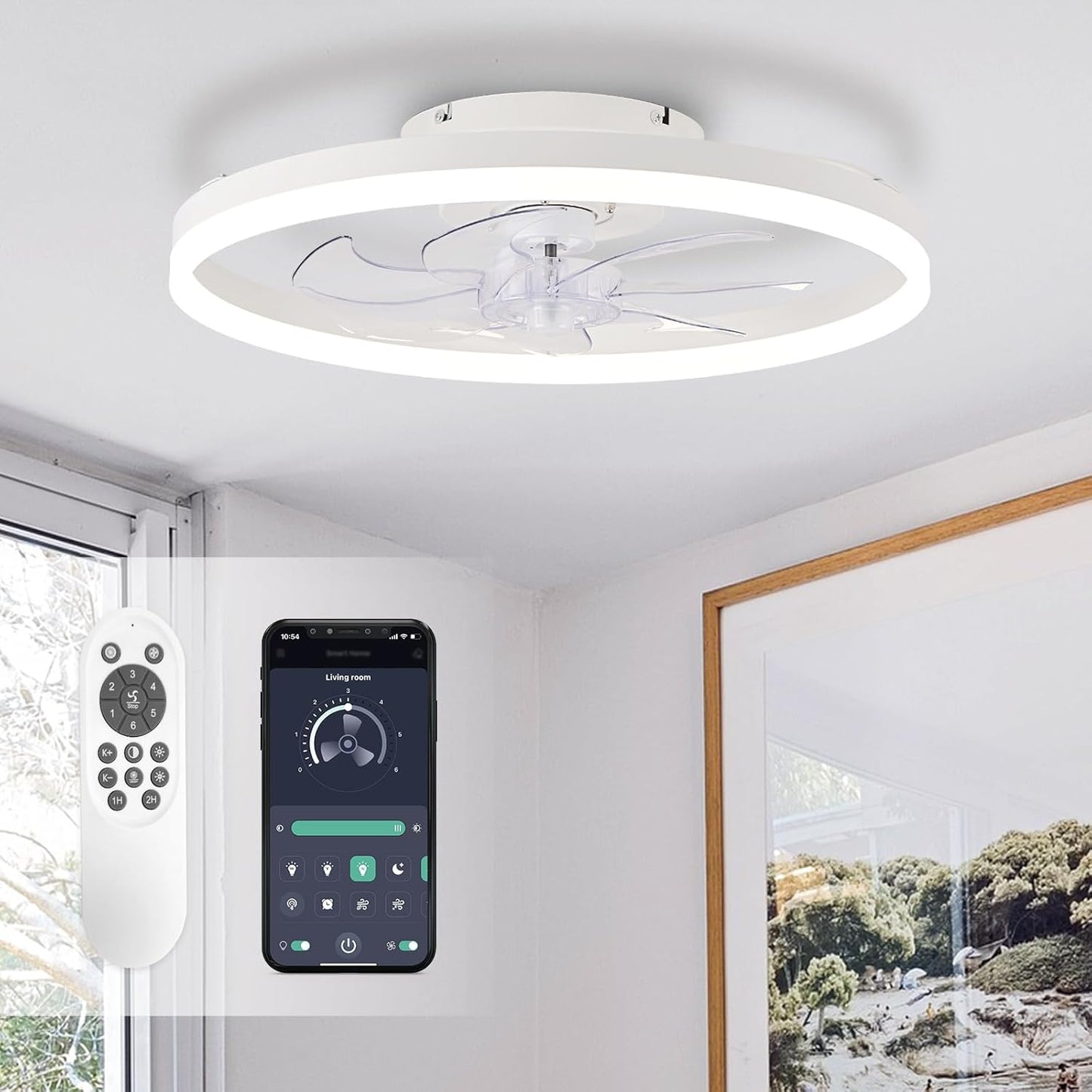 STERREN Ceiling Fans with Lights,20" Low Profile Ceiling Fan with Remote Control, Modern Flush Mount Ceiling Fan,White Fan Light for Bedroom, Living Room,Kitchen,Small LED Ceiling Light Fixture