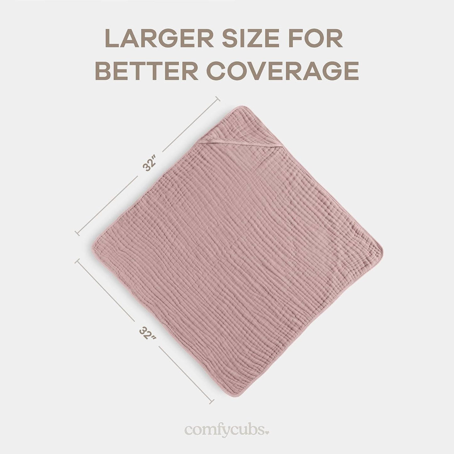Comfy Cubs Hooded Baby Towel 2-Pack, Large 32 x 32 Inch - 6 Layer 100% Muslin Cotton for Babies, Toddlers, Kids - Soft & Absorbent Baby Bath Towels - Unisex Design for Bath Time, Mauve and Blush