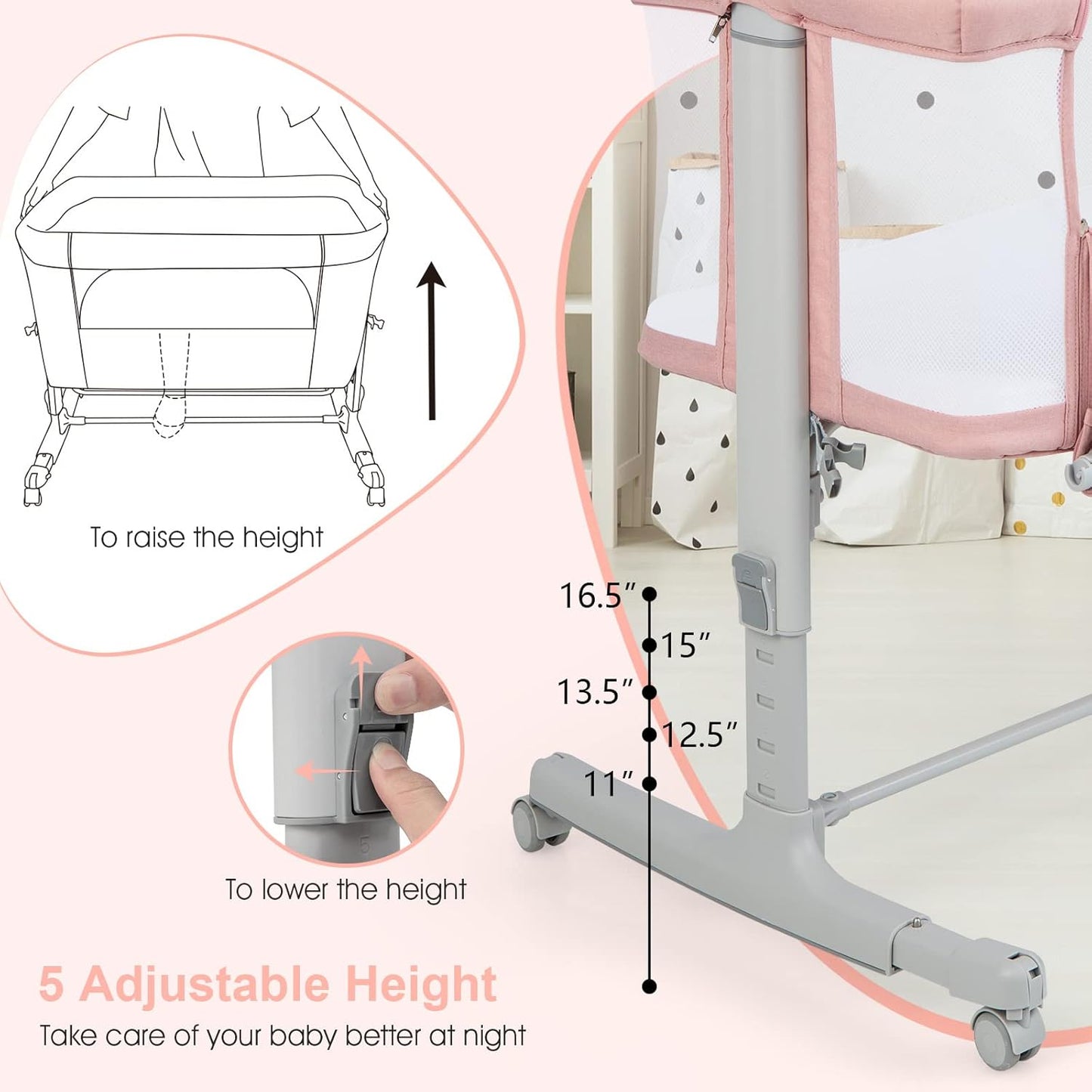 INFANS 3 in 1 Baby Bassinet, Bedside Sleeper for Newborn, Folding Crib with Mattress, Travel Bag, Wheels, 4-Sided Mesh, Easy to Assemble Cradle Co Sleeper Stationary, Rock (Pink)